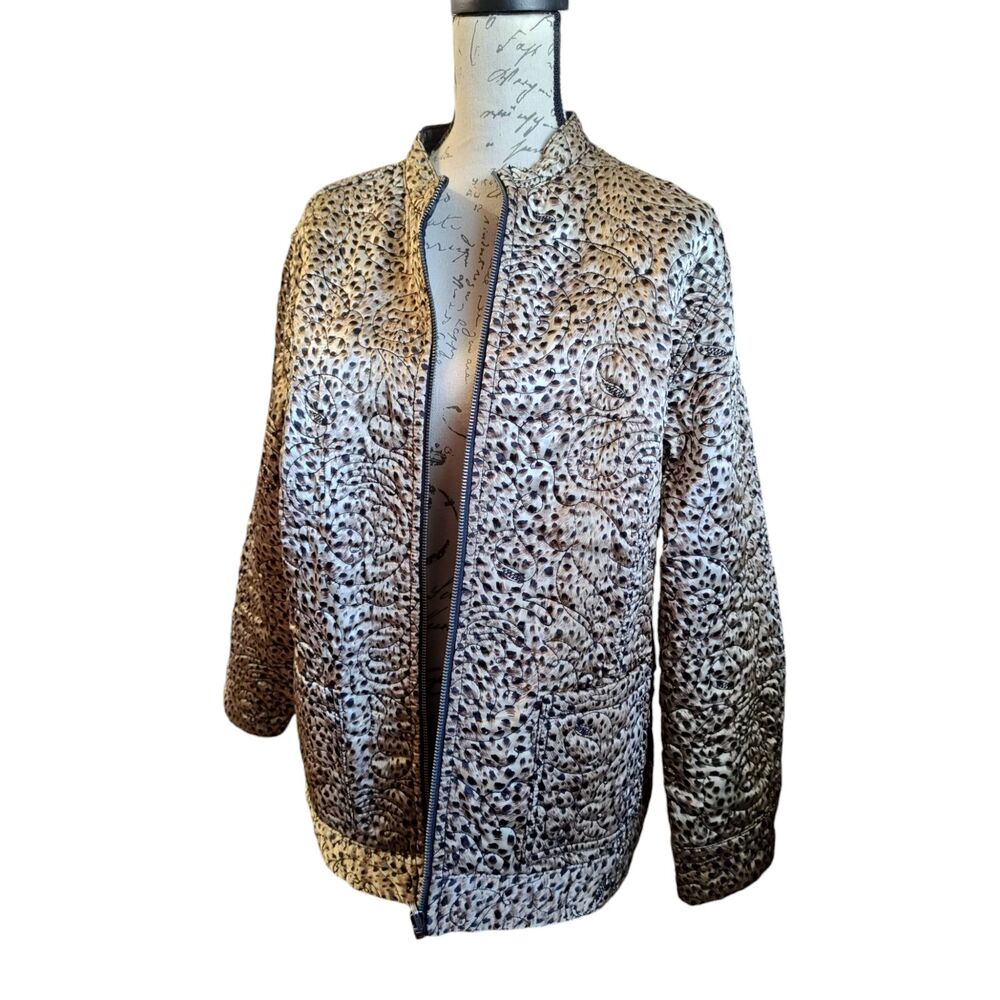 CHICOS Size 3 Large REVERSIBLE BROWN LEOPARD - BLACK DENIM QUILTED JACKET COAT